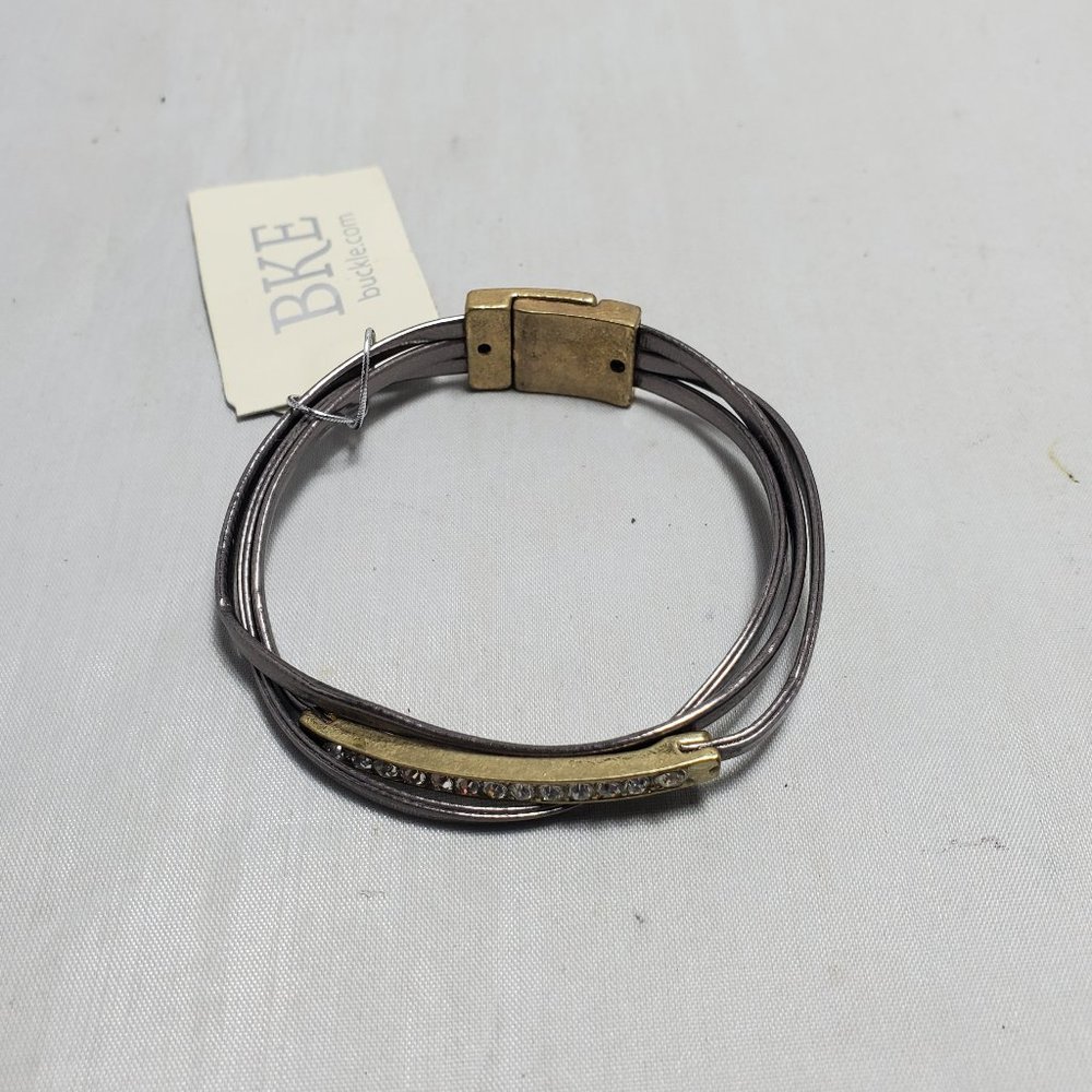 BKE multi leather with rhinestone bar and magnetic clasp bracelet pewter/brass